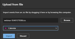 Use the browse button to locate the .ics file and then select Import
