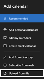 The Upload from file link is the sixth tab in the Add to Calendar tab list